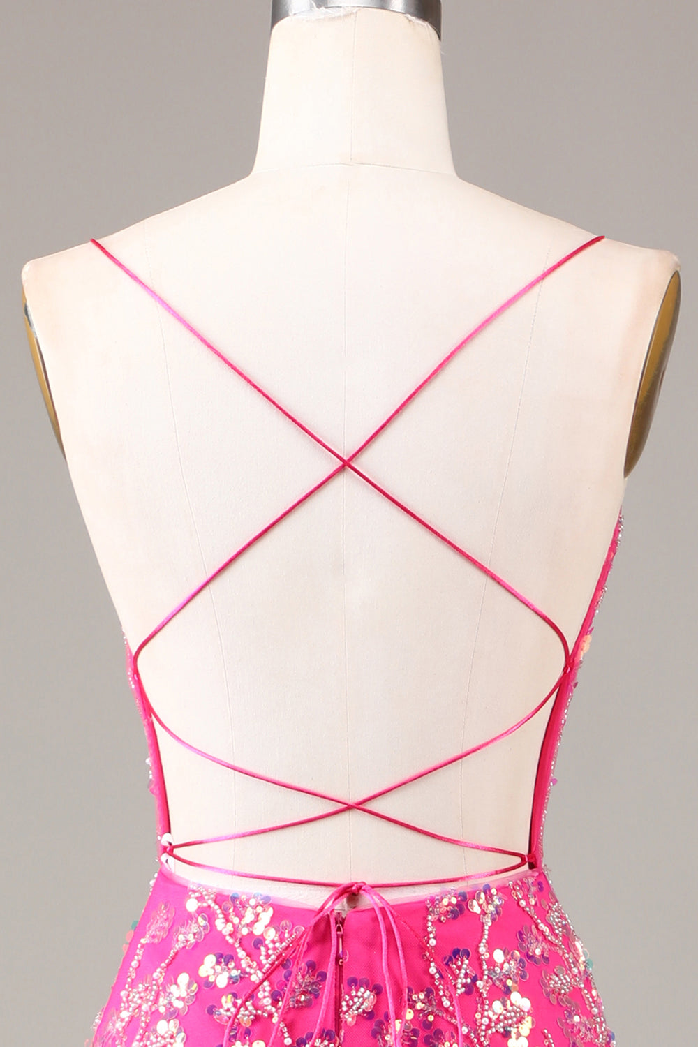 Fuchsia Pailletten- und perlenbesetztes Meerjungfrauen Ballkleid mit rückenfreiem Rücken