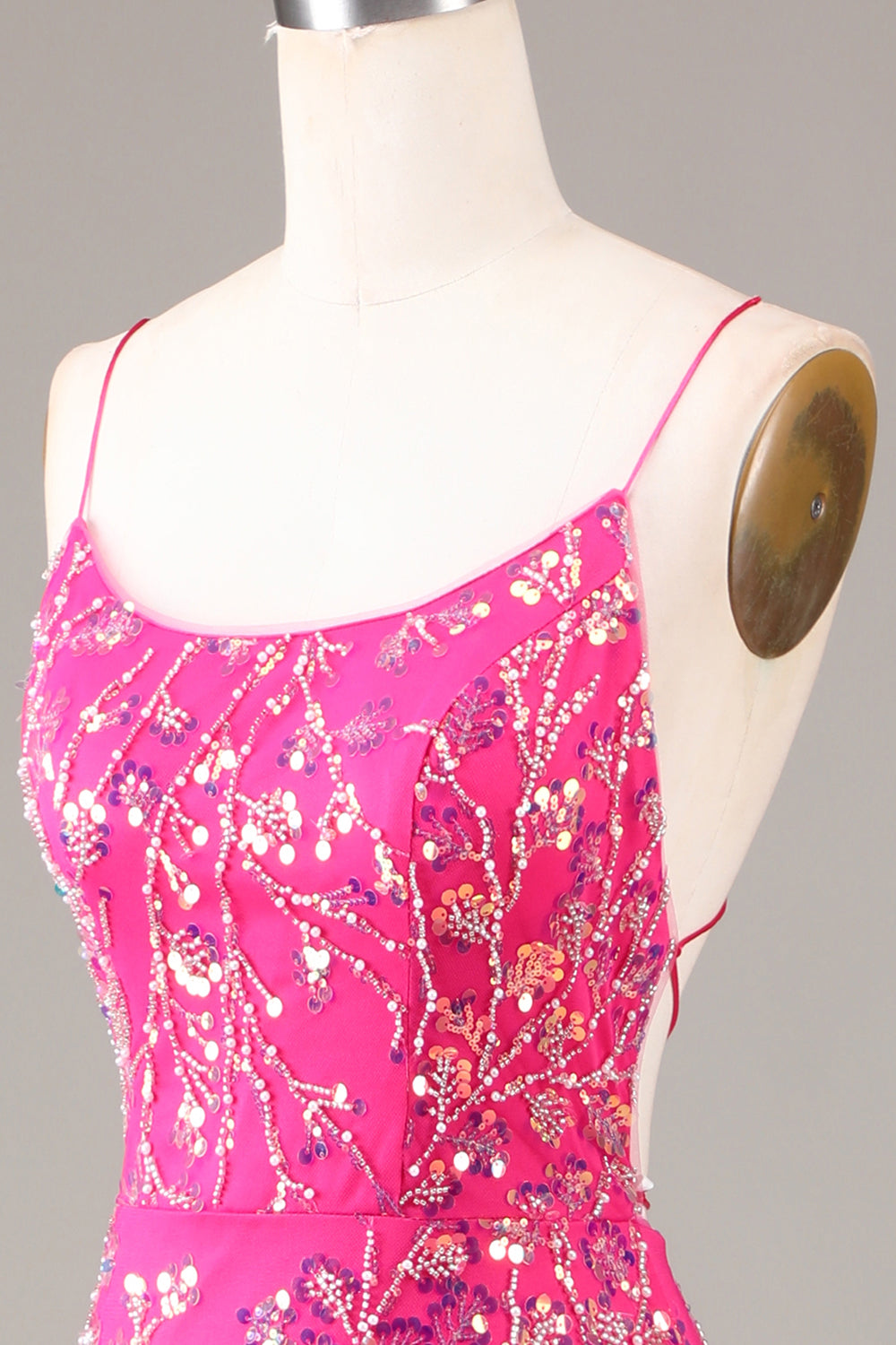 Fuchsia Pailletten- und perlenbesetztes Meerjungfrauen Ballkleid mit rückenfreiem Rücken
