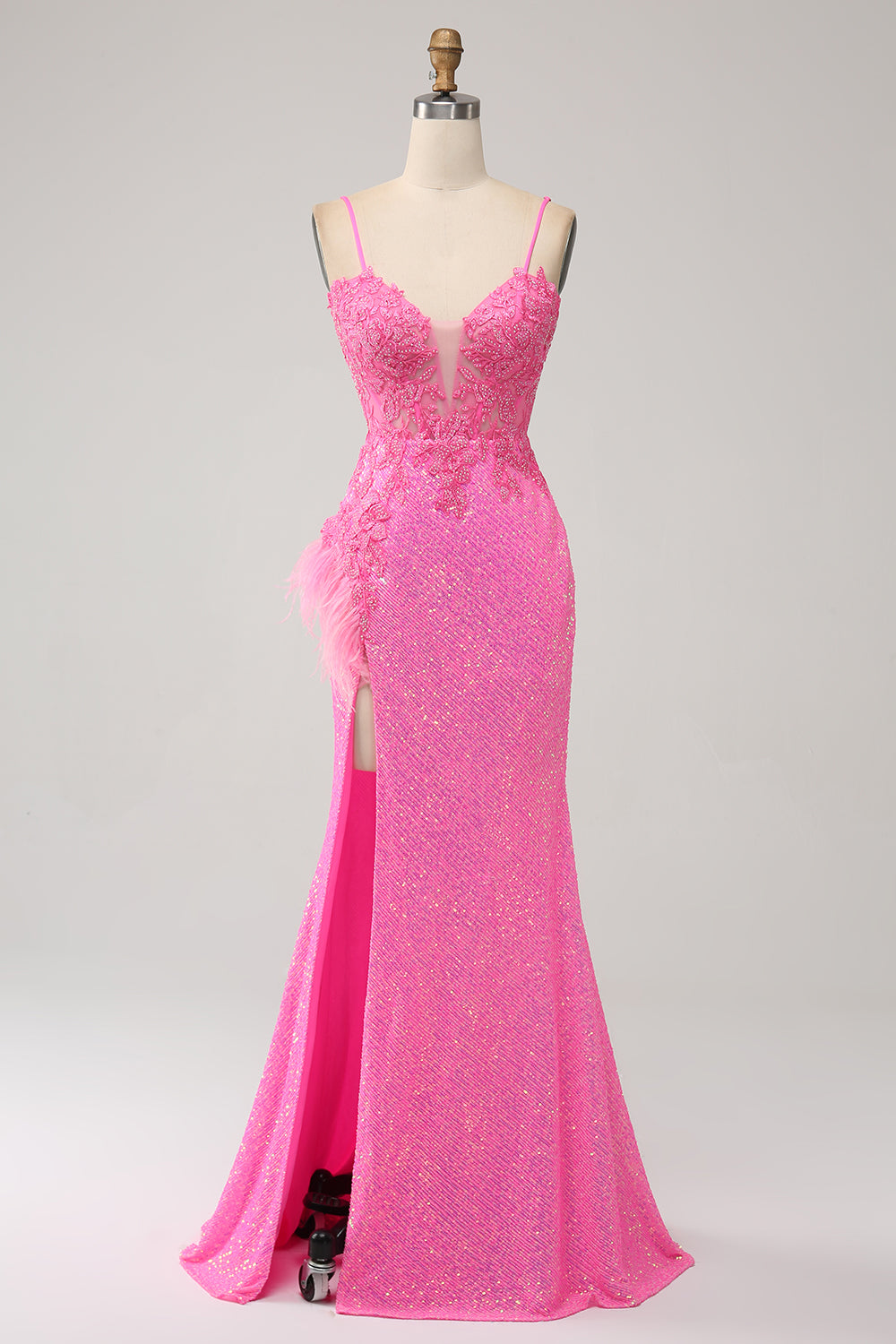 Trendiges Meerjungfrauen Spaghettiträger rosa Pailletten langes Ballkleid mit Applikationen