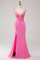 Trendiges Meerjungfrauen Spaghettiträger rosa Pailletten langes Ballkleid mit Applikationen