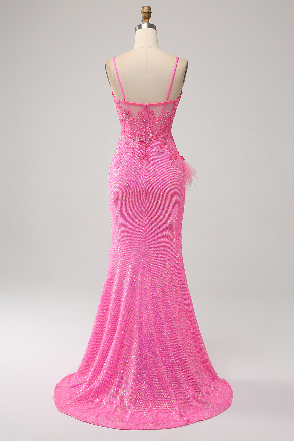 Trendiges Meerjungfrauen Spaghettiträger rosa Pailletten langes Ballkleid mit Applikationen