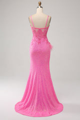 Trendiges Meerjungfrauen Spaghettiträger rosa Pailletten langes Ballkleid mit Applikationen