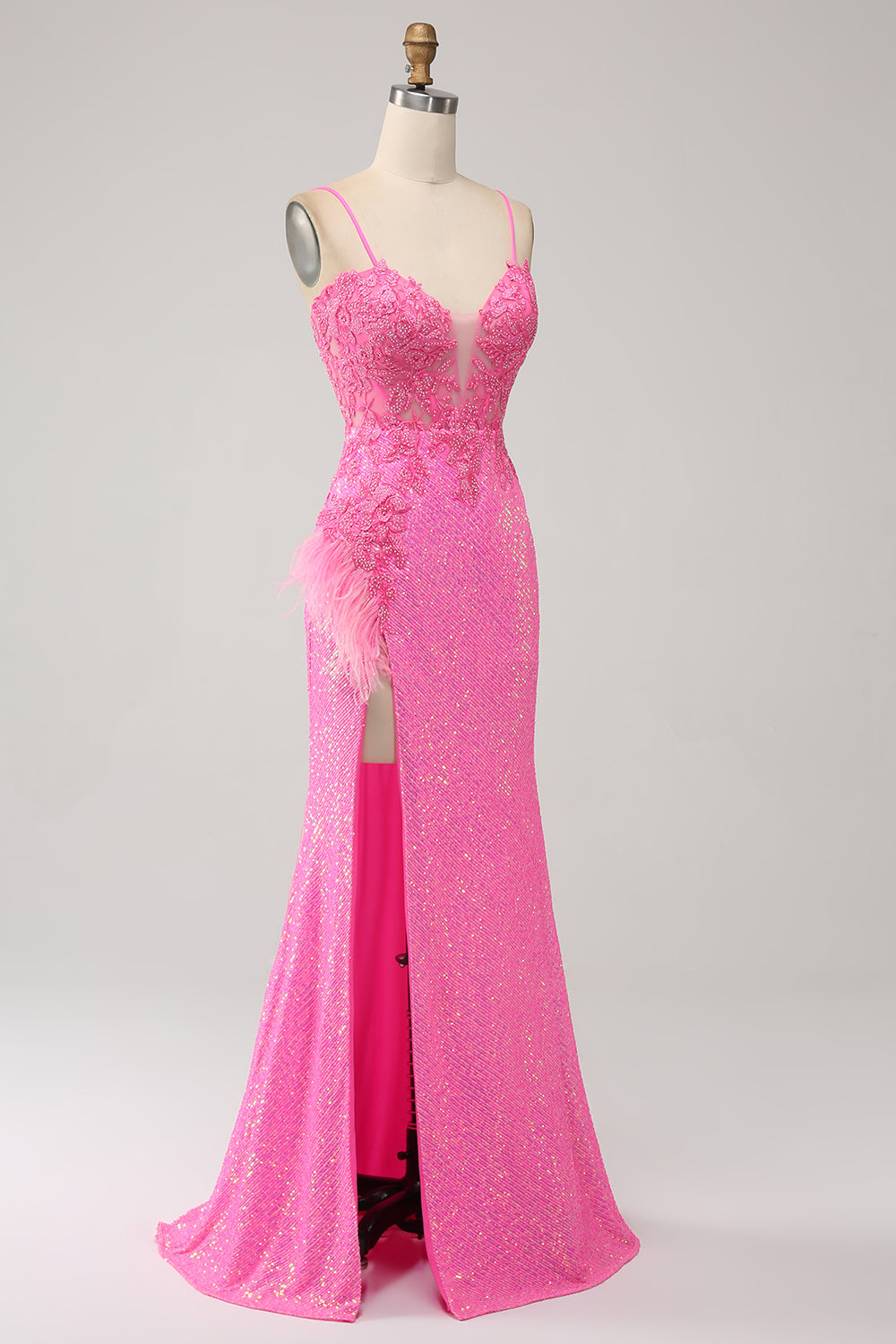 Trendiges Meerjungfrauen Spaghettiträger rosa Pailletten langes Ballkleid mit Applikationen