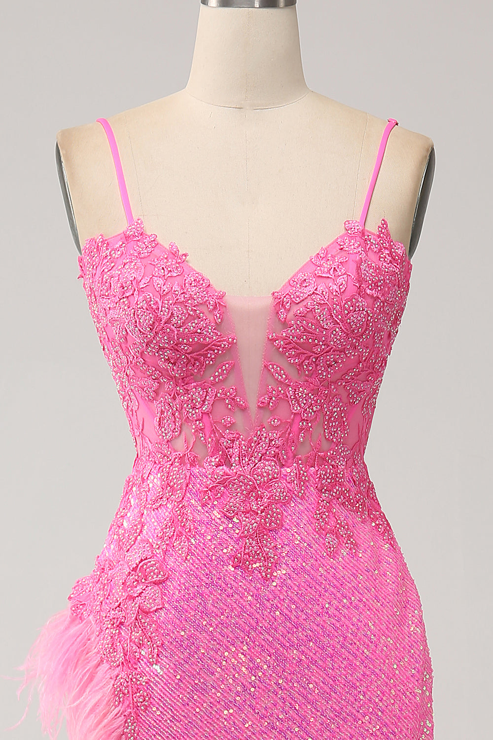 Trendiges Meerjungfrauen Spaghettiträger rosa Pailletten langes Ballkleid mit Applikationen