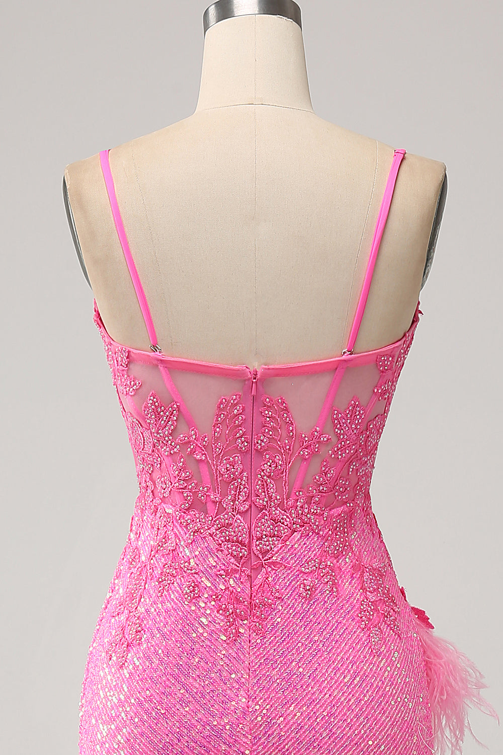 Trendiges Meerjungfrauen Spaghettiträger rosa Pailletten langes Ballkleid mit Applikationen