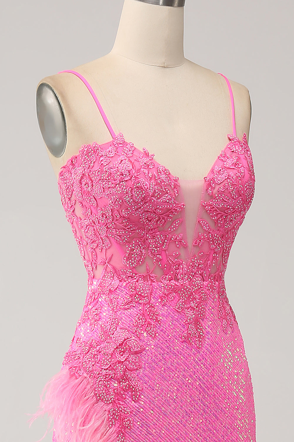 Trendiges Meerjungfrauen Spaghettiträger rosa Pailletten langes Ballkleid mit Applikationen
