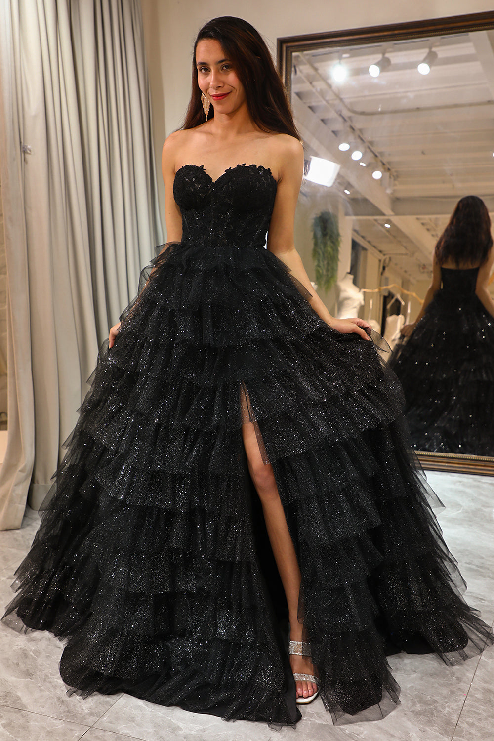 ZAPAKA Damen Glitzer Schwarzes Gestuftes Ballkleid mit Schlitz A-Linie Herzausschnitt Abendkleid