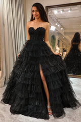 ZAPAKA Damen Glitzer Schwarzes Gestuftes Ballkleid mit Schlitz A-Linie Herzausschnitt Abendkleid