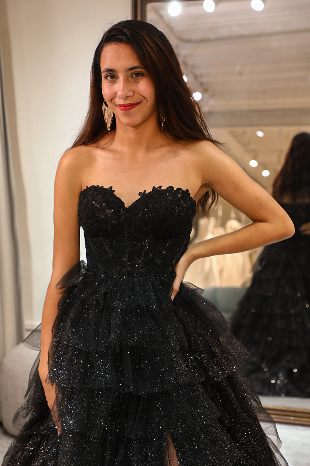 Trendiges Schwarzes Korsett Ballkleid in A-Linie mit Rüschen