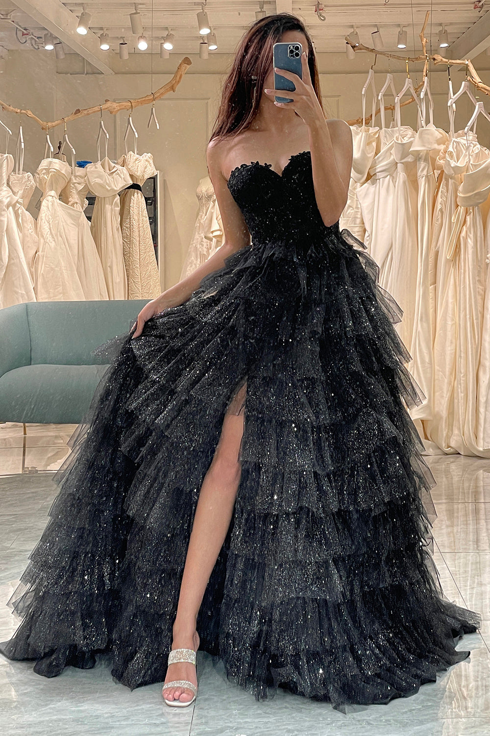 Trendiges Schwarzes Korsett Ballkleid in A-Linie mit Rüschen