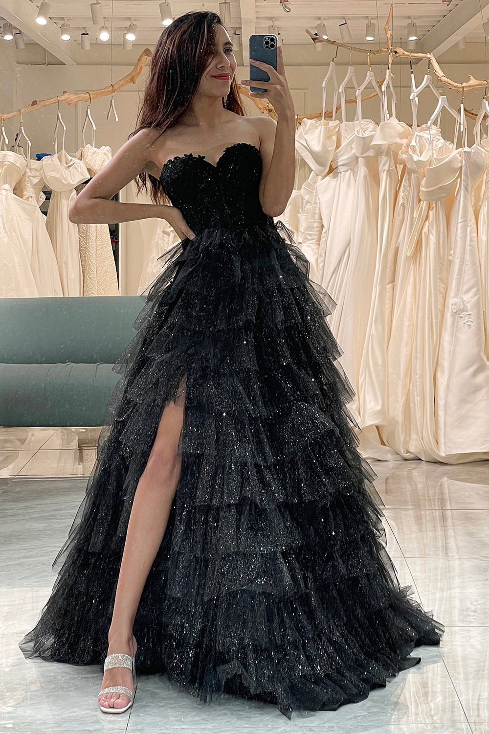 Trendiges Schwarzes Korsett Ballkleid in A-Linie mit Rüschen