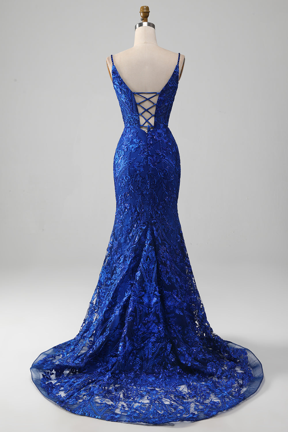 Glitzerndes königsblaues Meerjungfrauen Spaghettiträger langes Ballkleid mit Applikationen