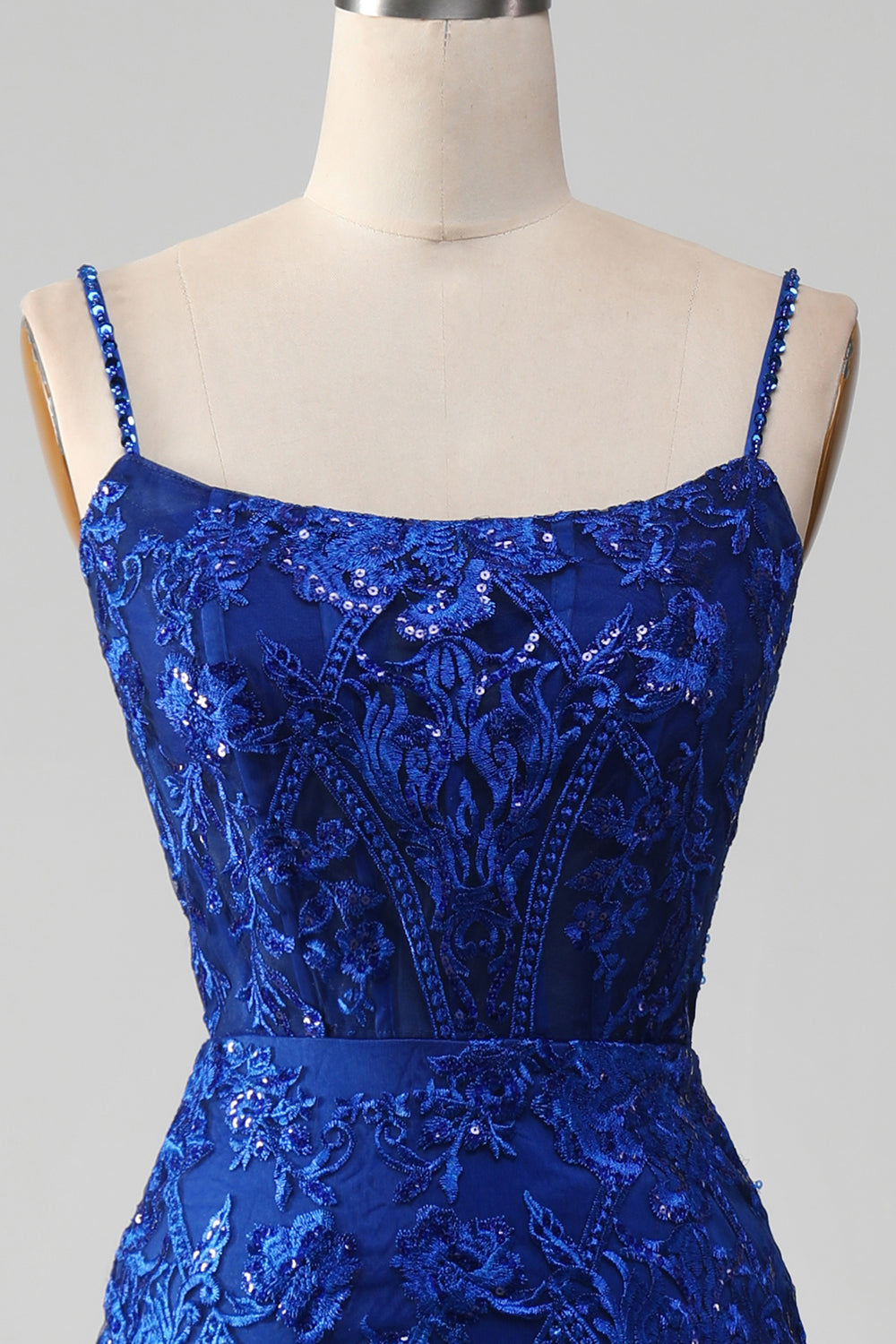 Glitzerndes königsblaues Meerjungfrauen Spaghettiträger langes Ballkleid mit Applikationen
