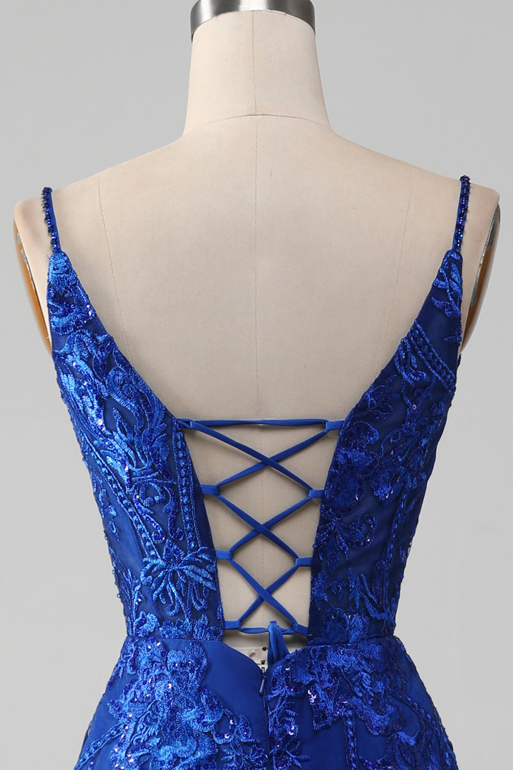 Glitzerndes königsblaues Meerjungfrauen Spaghettiträger langes Ballkleid mit Applikationen