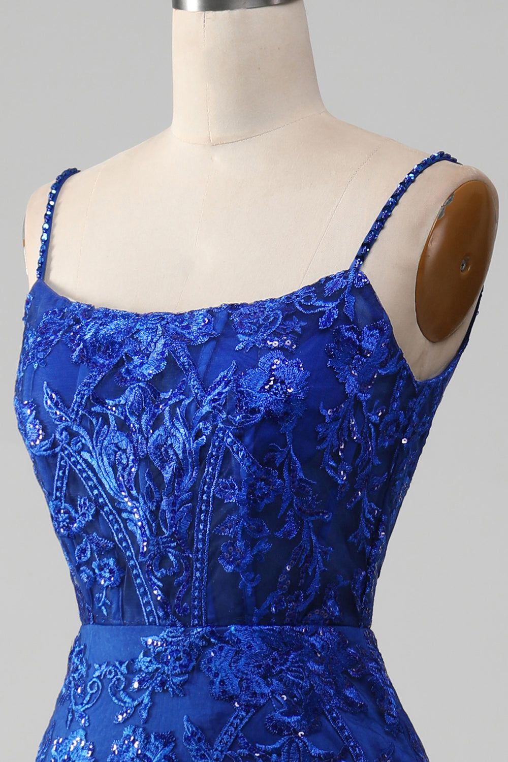 Glitzerndes königsblaues Meerjungfrauen Spaghettiträger langes Ballkleid mit Applikationen