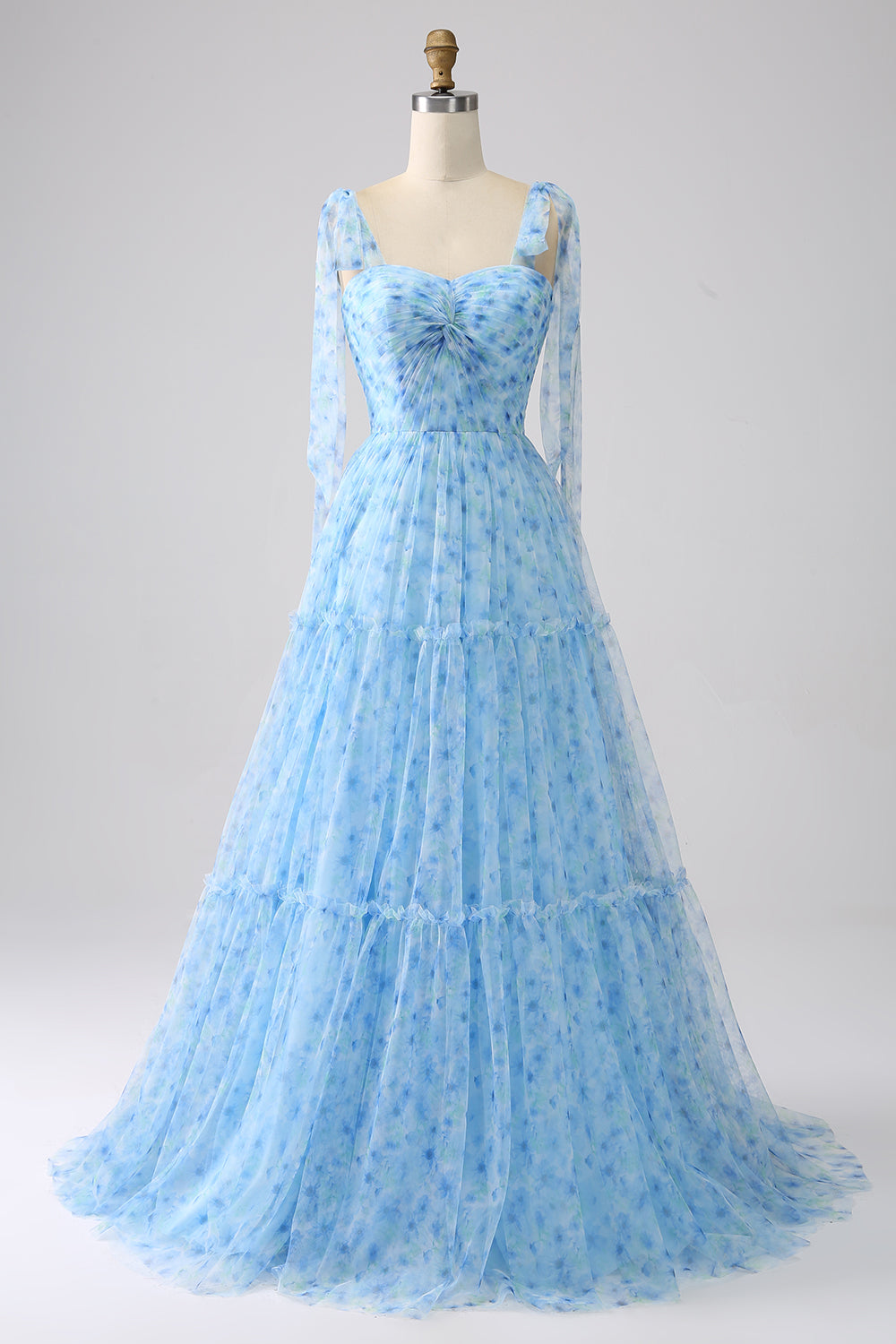 Hellblaues A-Linie Spaghettiträger langes Ballkleid