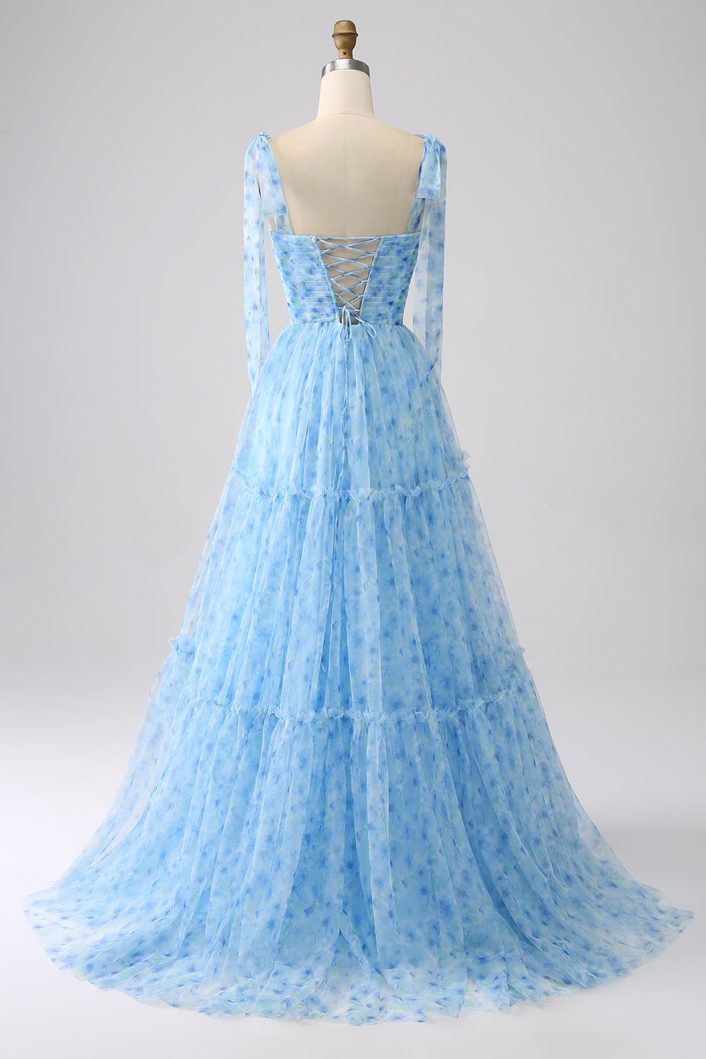 Hellblaues A-Linie Spaghettiträger langes Ballkleid