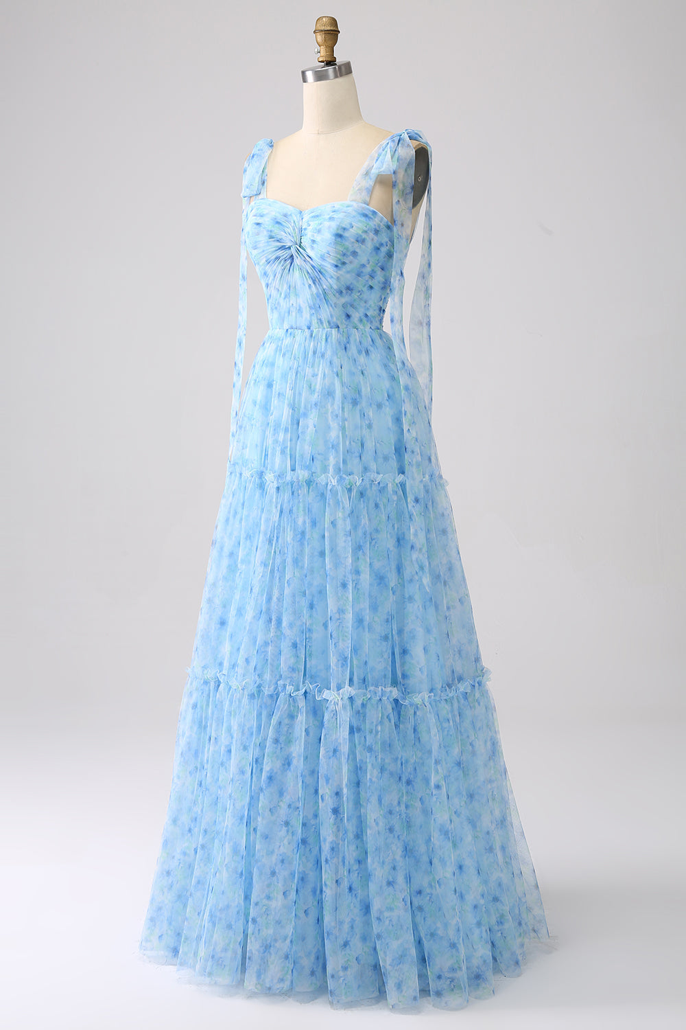 Hellblaues A-Linie Spaghettiträger langes Ballkleid