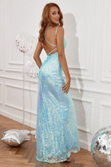 Blaues Pailletten Ballkleid mit Fransen