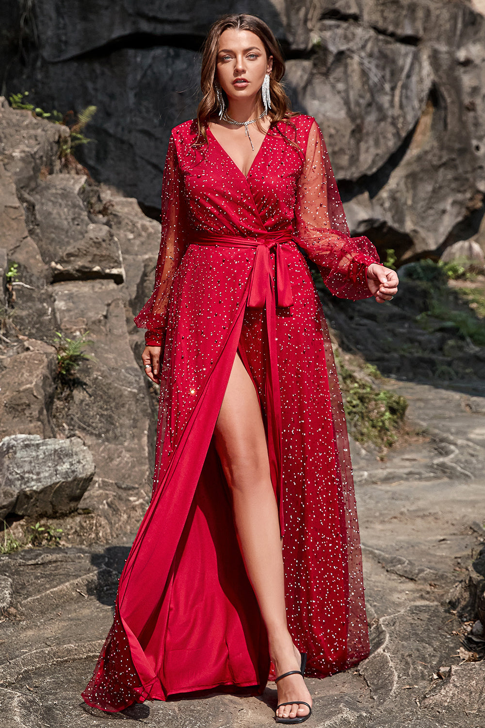 A Linie V Ausschnitt Dunkelrot Übergröße Ballkleid mit Schlitz