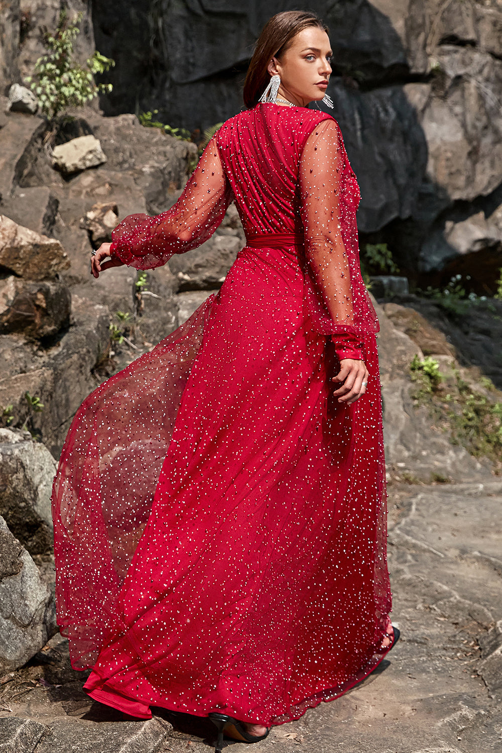 A Linie V Ausschnitt Dunkelrot Übergröße Ballkleid mit Schlitz