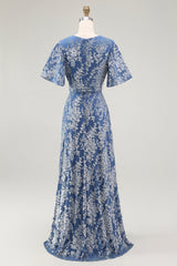 Blaues Samt Langes A-Linie Ballkleid