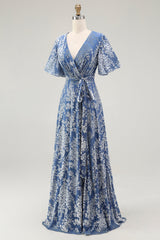 Blaues Samt Langes A-Linie Ballkleid