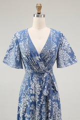 Blaues Samt Langes A-Linie Ballkleid