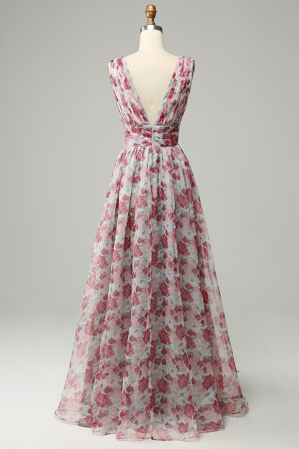 Graues und rosa geblümtes langes Brautjungfernkleid