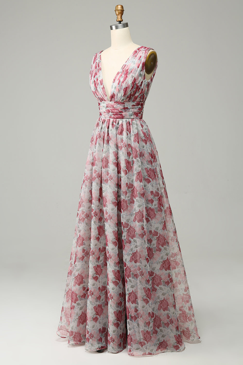 Graues und rosa geblümtes langes Brautjungfernkleid
