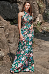 Blumendruck Neckholder Satin Ballkleid