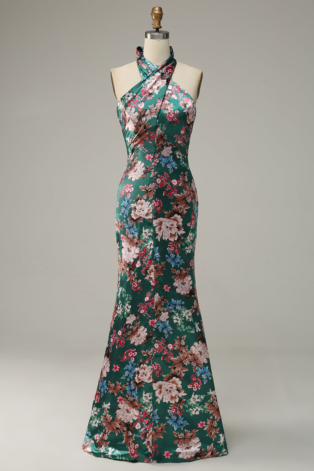 Blumendruck Neckholder Satin Ballkleid