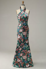 Blumendruck Neckholder Satin Ballkleid
