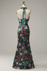 Blumendruck Neckholder Satin Ballkleid