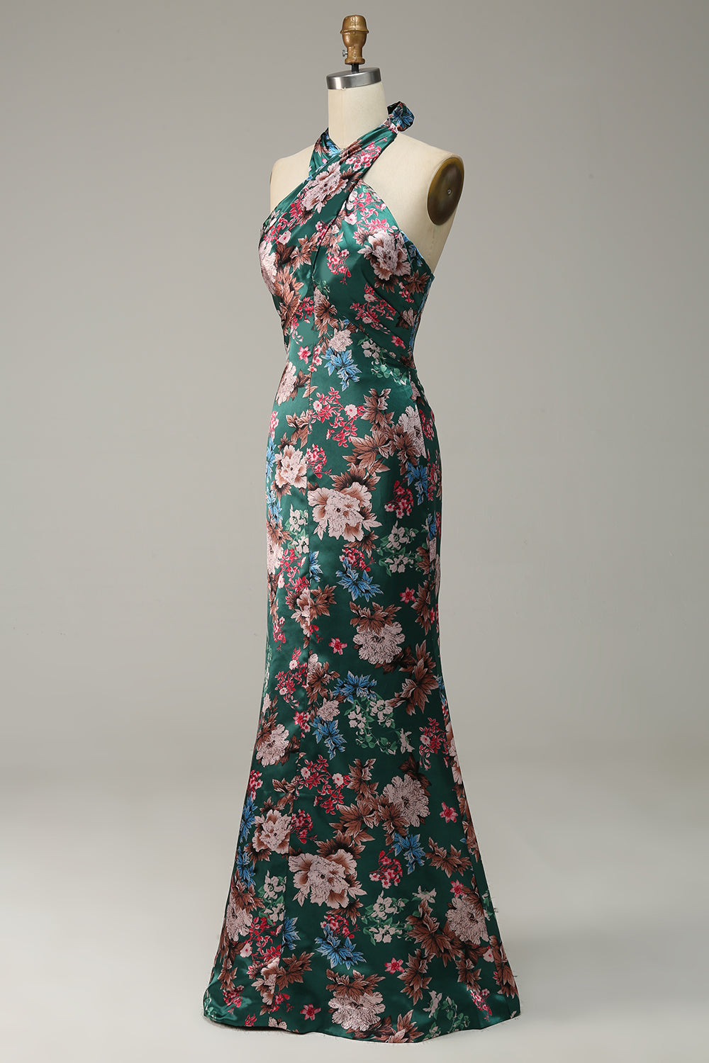 Blumendruck Neckholder Satin Ballkleid