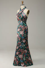 Blumendruck Neckholder Satin Ballkleid