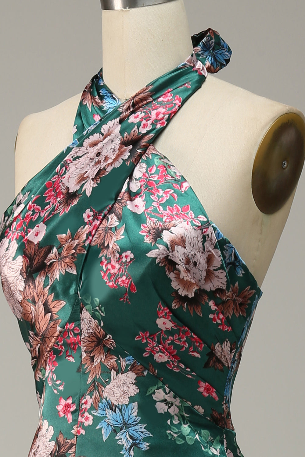 Blumendruck Neckholder Satin Ballkleid