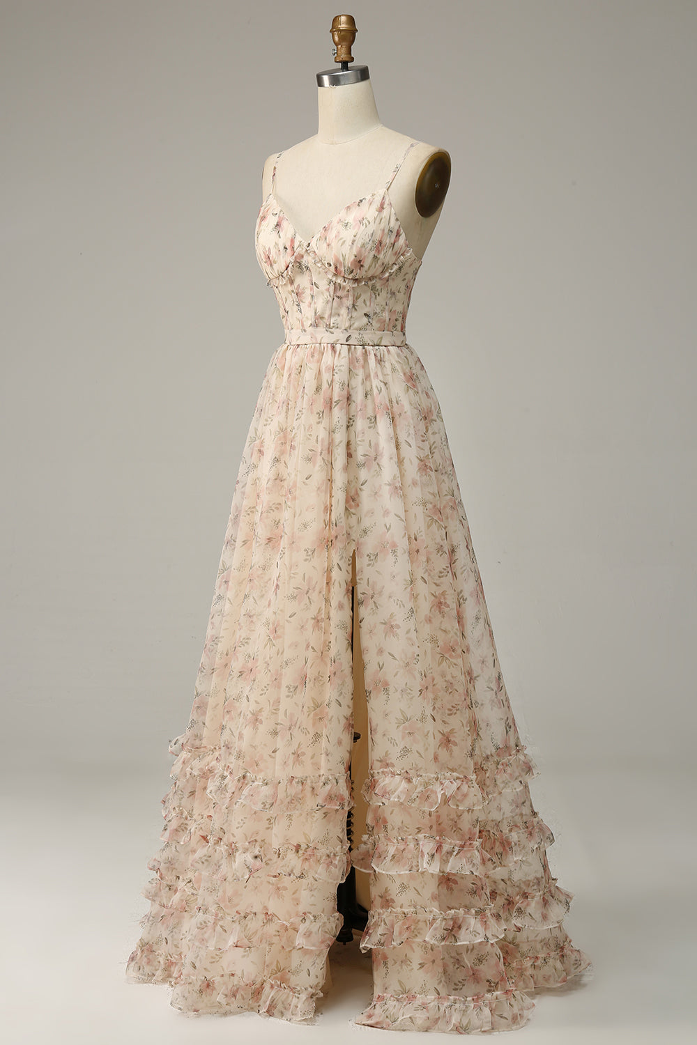 Aprikose A-Linie Drucken Ballkleid mit Schlitz