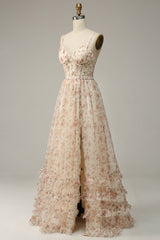 Aprikose A-Linie Drucken Ballkleid mit Schlitz