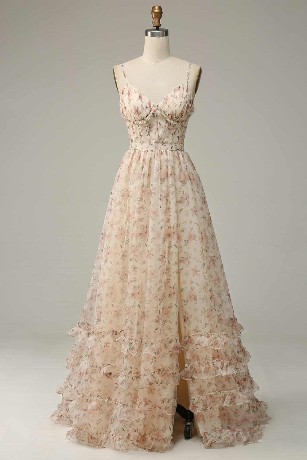 Aprikose A-Linie Drucken Ballkleid mit Schlitz