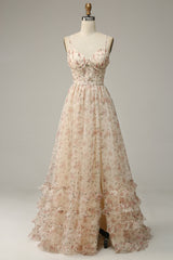 Aprikose A-Linie Drucken Ballkleid mit Schlitz