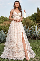 A Linie Spaghettiträger Apricot Drucken Ballkleid mit Schlitz