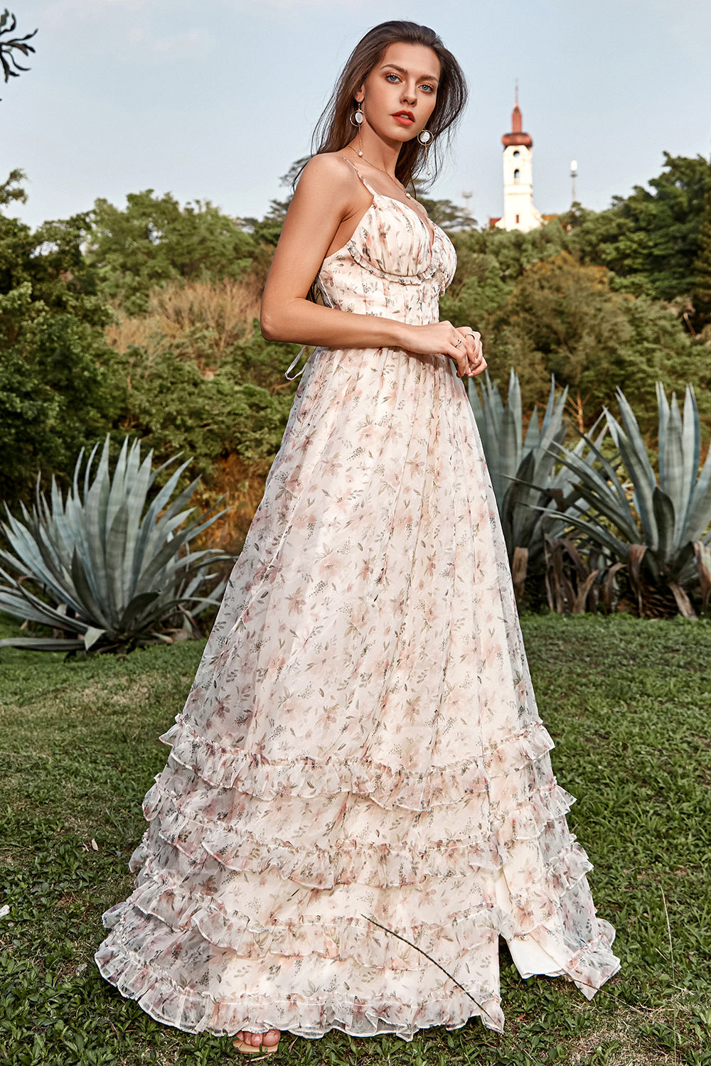 A Linie Spaghettiträger Apricot Drucken Ballkleid mit Schlitz