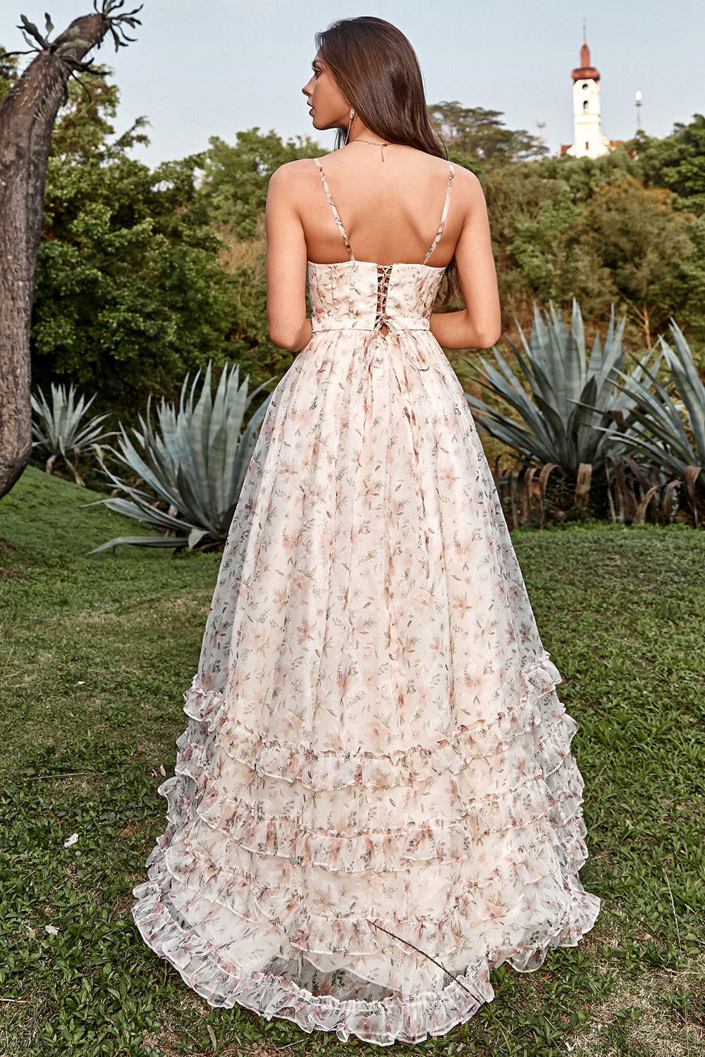 A Linie Spaghettiträger Apricot Drucken Ballkleid mit Schlitz