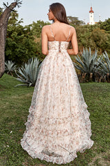 A Linie Spaghettiträger Apricot Drucken Ballkleid mit Schlitz
