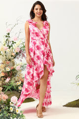 Langes V-Ausschnitt rosa Brautjungfernkleid mit Blumendruck und Rüschen