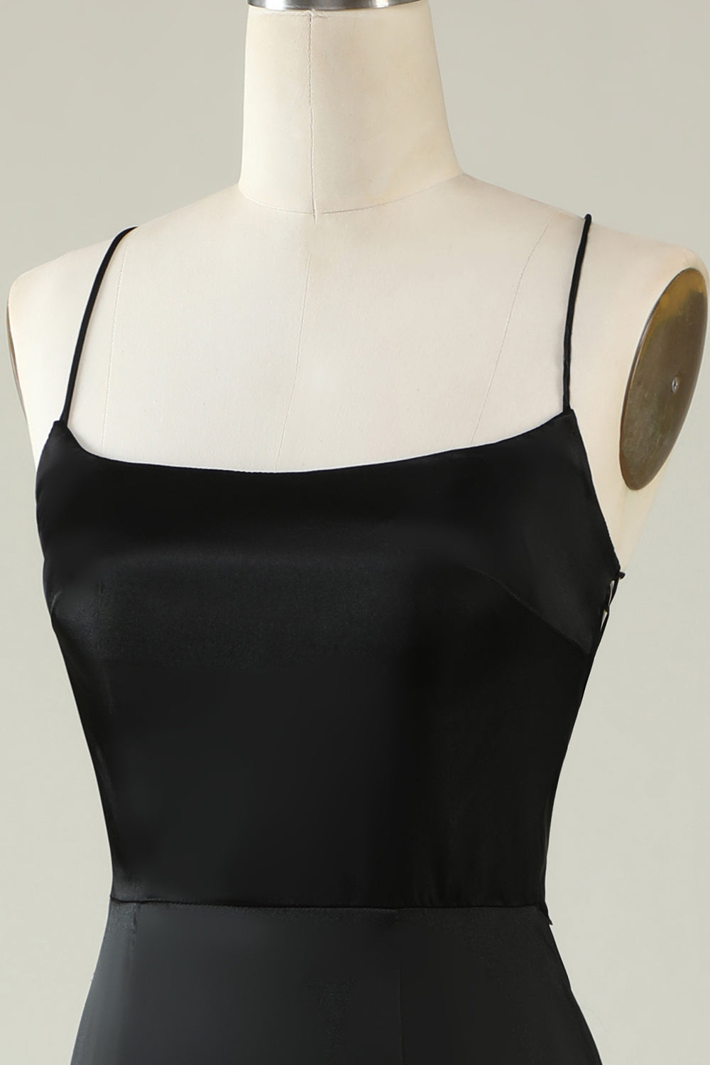Spaghettiträger Schwarzes Satin Ballkleid mit Fransen