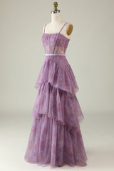 Lila bedrucktes A-Linie Korsett Ballkleid