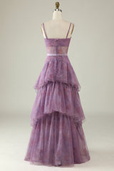 Lila bedrucktes A-Linie Korsett Ballkleid