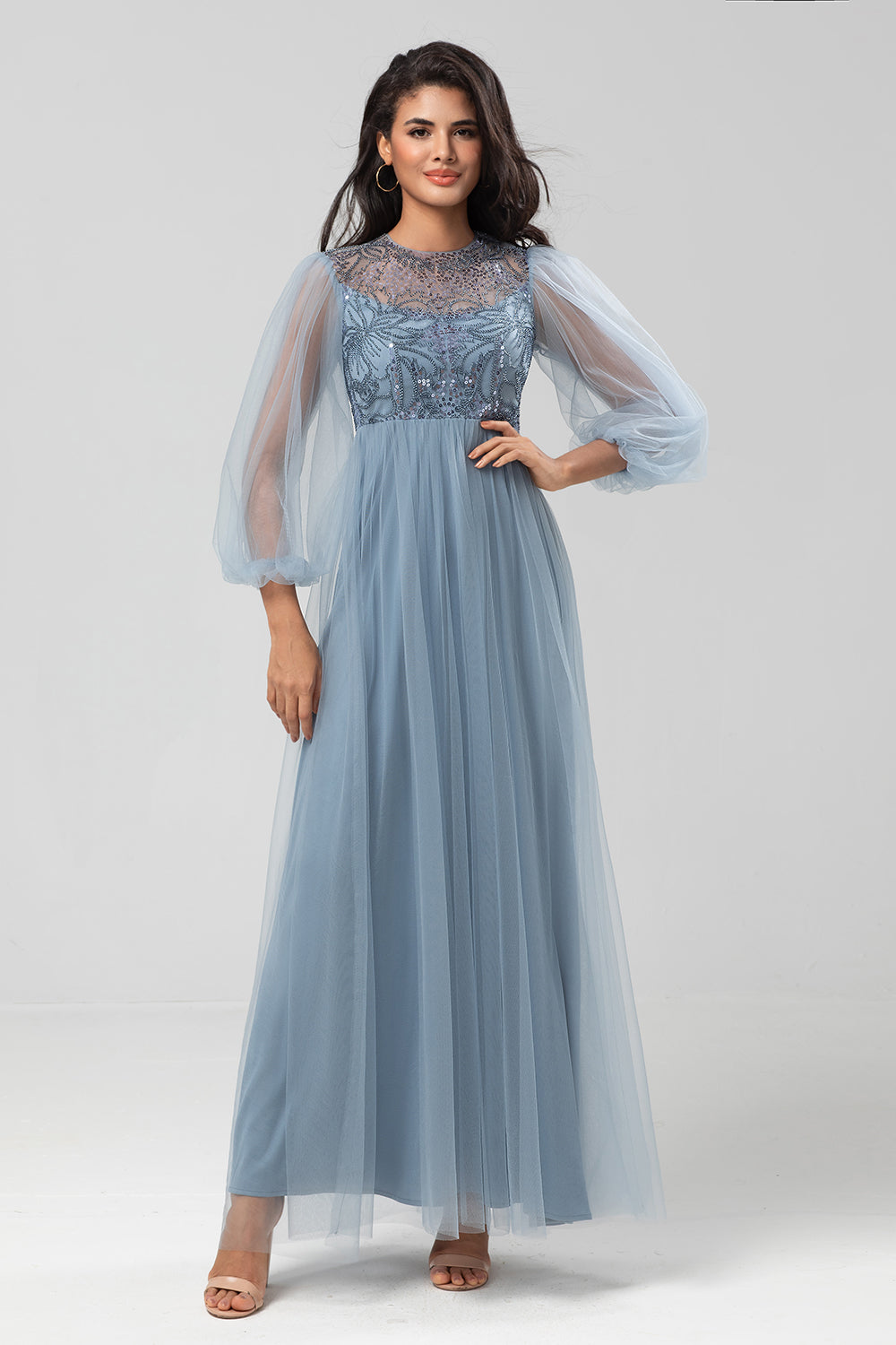 A-Linien Juwelen-Hals Grau Blau Langes Brautjungfernkleid mit langen Ärmeln